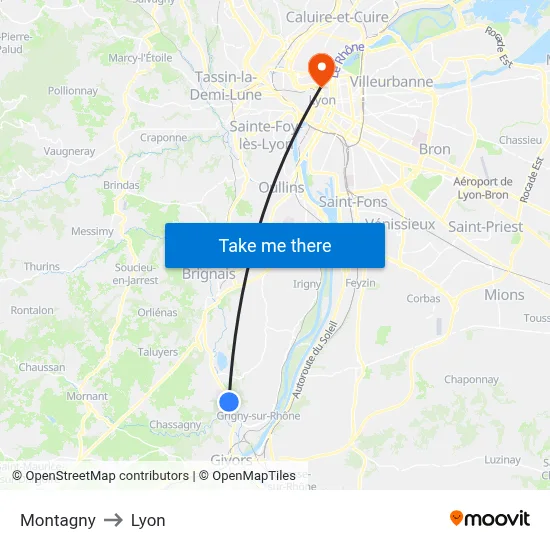 Montagny to Lyon map