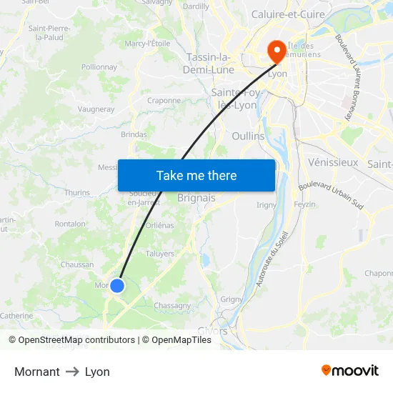 Mornant to Lyon map