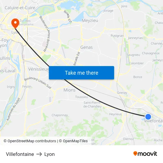 Villefontaine to Lyon map