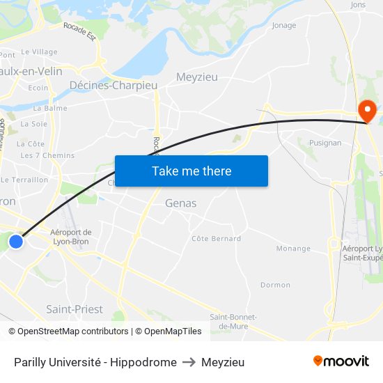 Parilly Université - Hippodrome to Meyzieu map