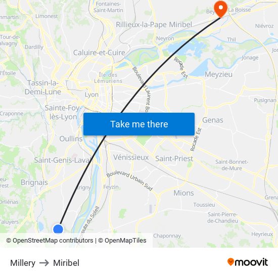 Millery to Miribel map