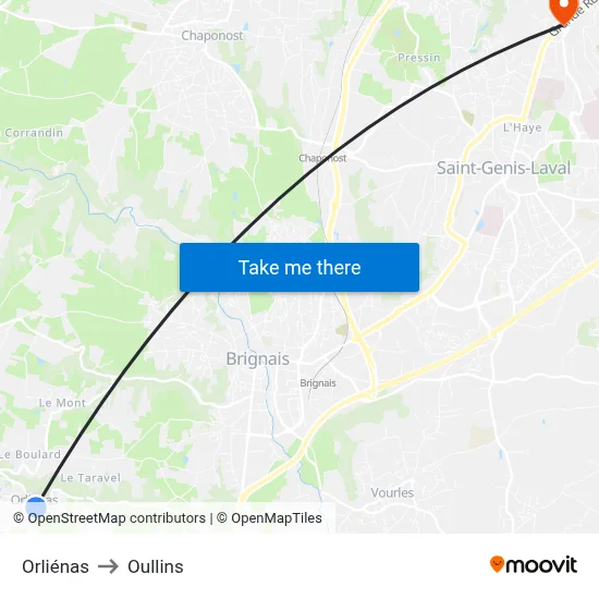Orliénas to Oullins map