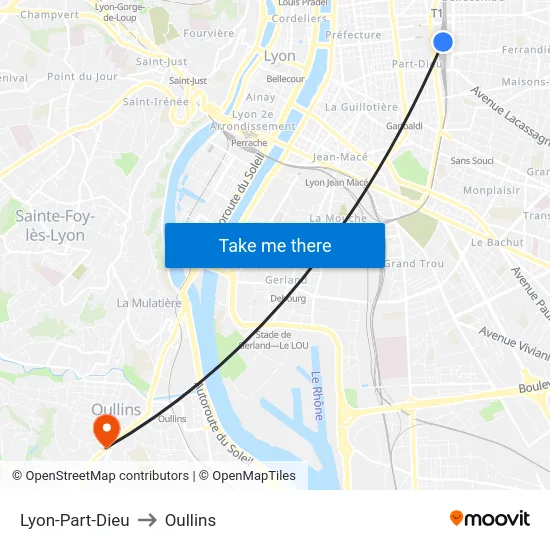 Lyon-Part-Dieu to Oullins map