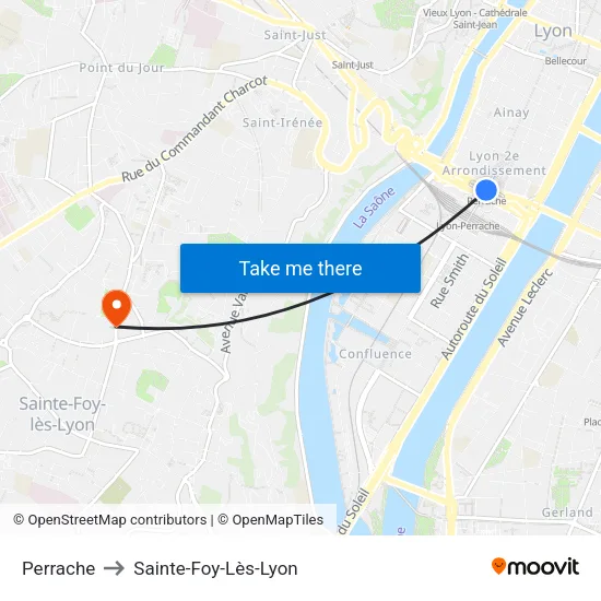 Perrache to Sainte-Foy-Lès-Lyon map