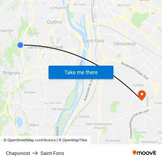 Chaponost to Saint-Fons map