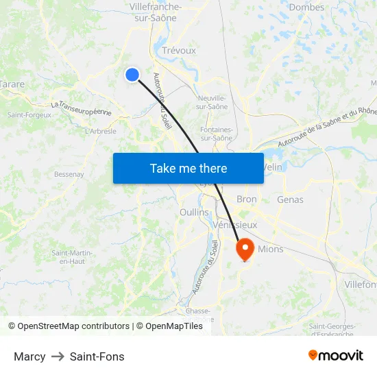 Marcy to Saint-Fons map