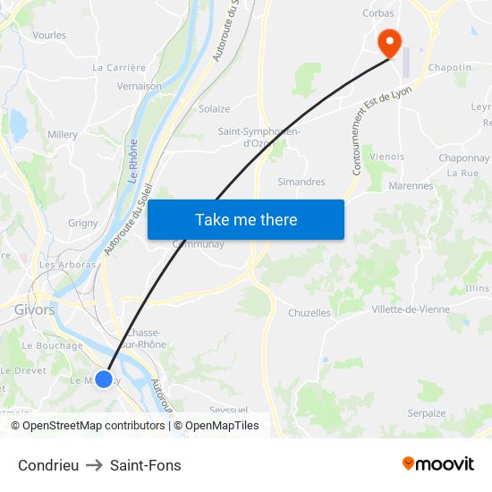 Condrieu to Saint-Fons map