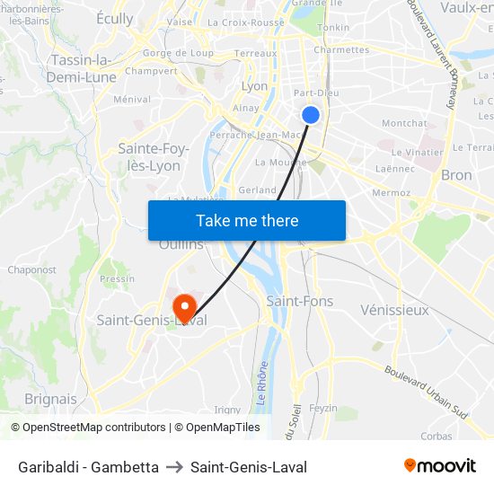 Garibaldi - Gambetta to Saint-Genis-Laval map