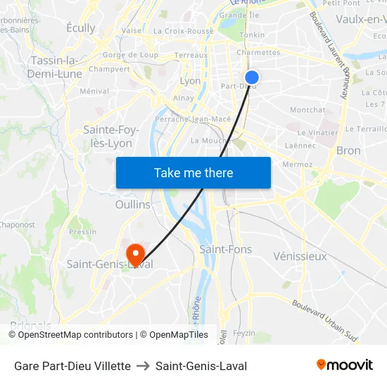 Gare Part-Dieu Villette to Saint-Genis-Laval map
