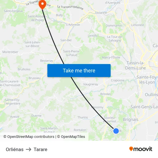 Orliénas to Tarare map