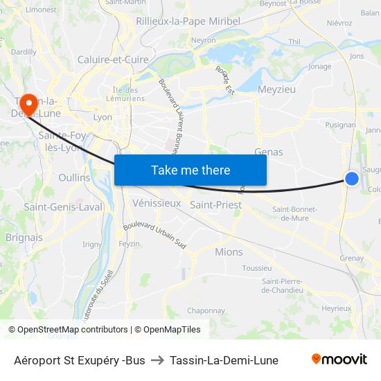 Aéroport St Exupéry -Bus to Tassin-La-Demi-Lune map