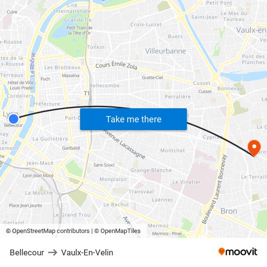 Bellecour to Vaulx-En-Velin map