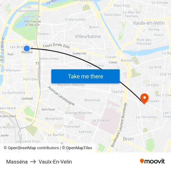 Masséna to Vaulx-En-Velin map