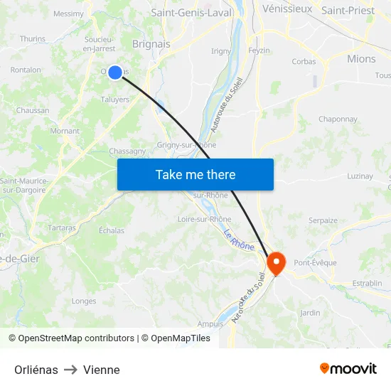 Orliénas to Vienne map
