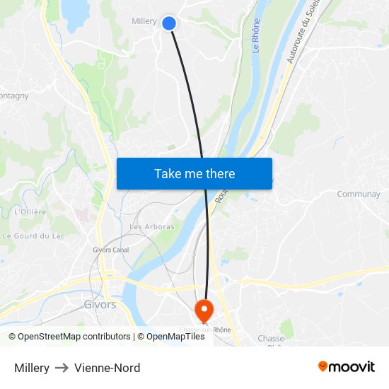 Millery to Vienne-Nord map