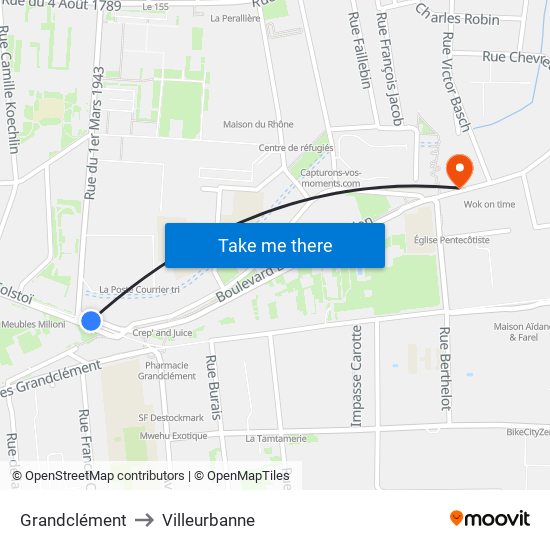 Grandclément to Villeurbanne map