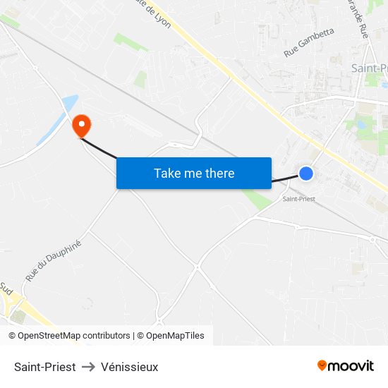 Saint-Priest to Vénissieux map