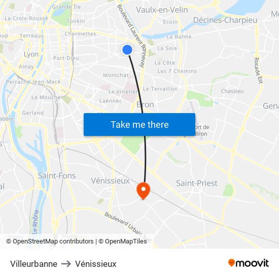 Villeurbanne to Vénissieux map