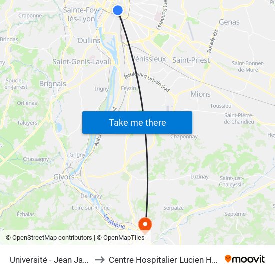 Université - Jean Jaurès to Centre Hospitalier Lucien Hussel map