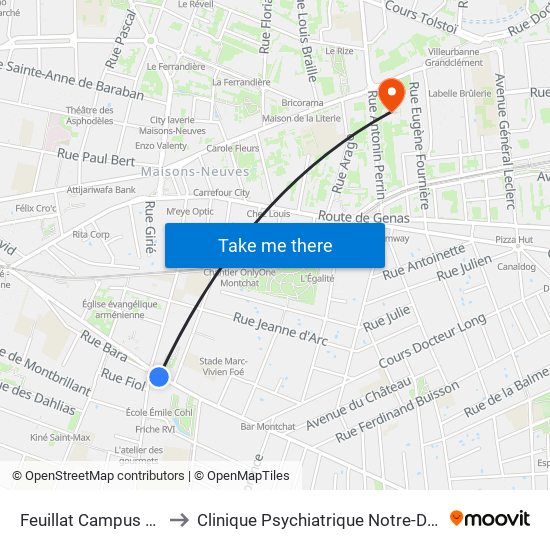 Feuillat Campus Pro to Clinique Psychiatrique Notre-Dame map