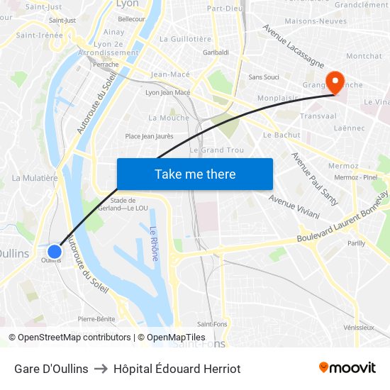 Gare D'Oullins to Hôpital Édouard Herriot map