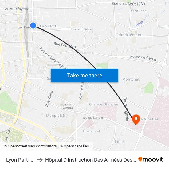 Lyon Part-Dieu to Hôpital D'Instruction Des Armées Desgenettes map