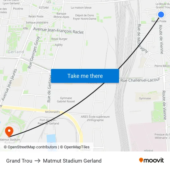 Grand Trou to Matmut Stadium Gerland map