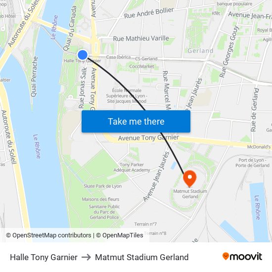Halle Tony Garnier to Matmut Stadium Gerland map