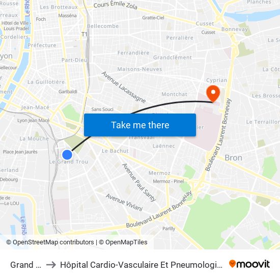 Grand Trou to Hôpital Cardio-Vasculaire Et Pneumologique Louis Pradel map