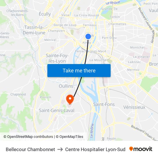 Bellecour Chambonnet to Centre Hospitalier Lyon-Sud map