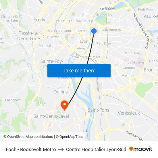 Foch - Roosevelt Métro to Centre Hospitalier Lyon-Sud map