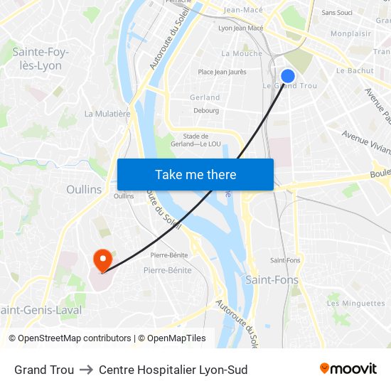 Grand Trou to Centre Hospitalier Lyon-Sud map