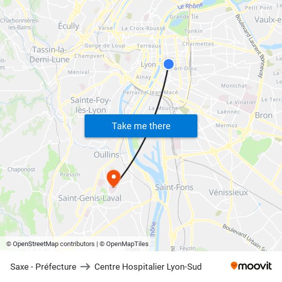 Saxe - Préfecture to Centre Hospitalier Lyon-Sud map