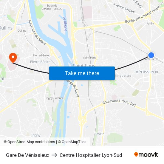 Gare De Vénissieux to Centre Hospitalier Lyon-Sud map
