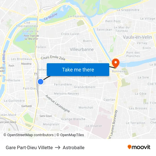 Gare Part-Dieu Villette to Astroballe map