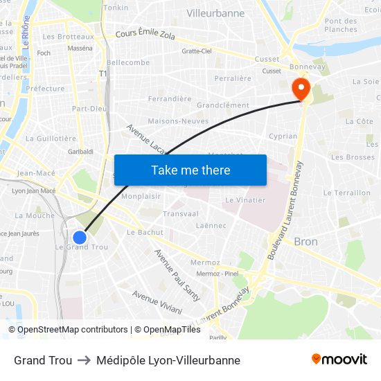 Grand Trou to Médipôle Lyon-Villeurbanne map