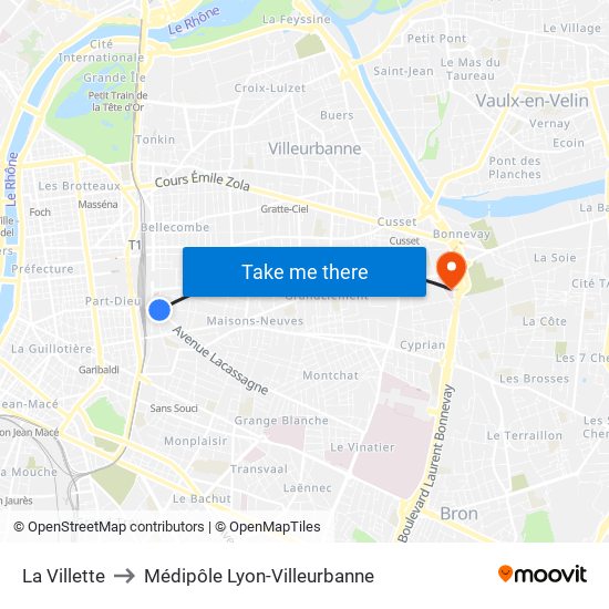 La Villette to Médipôle Lyon-Villeurbanne map