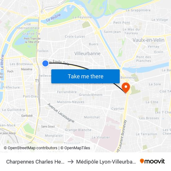 Charpennes Charles Hernu to Médipôle Lyon-Villeurbanne map