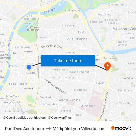 Part-Dieu Auditorium to Médipôle Lyon-Villeurbanne map