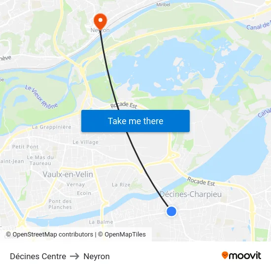 Décines Centre to Neyron map