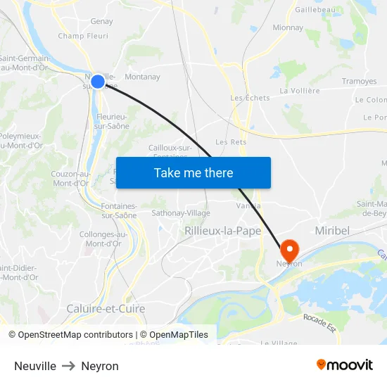 Neuville to Neyron map
