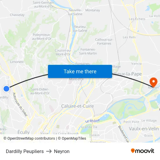 Dardilly Peupliers to Neyron map