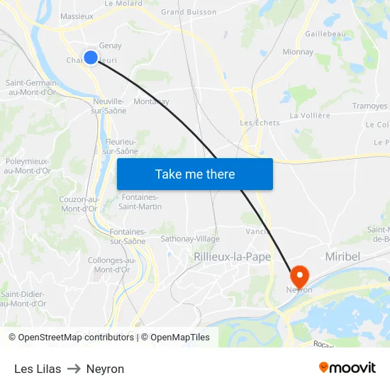 Les Lilas to Neyron map