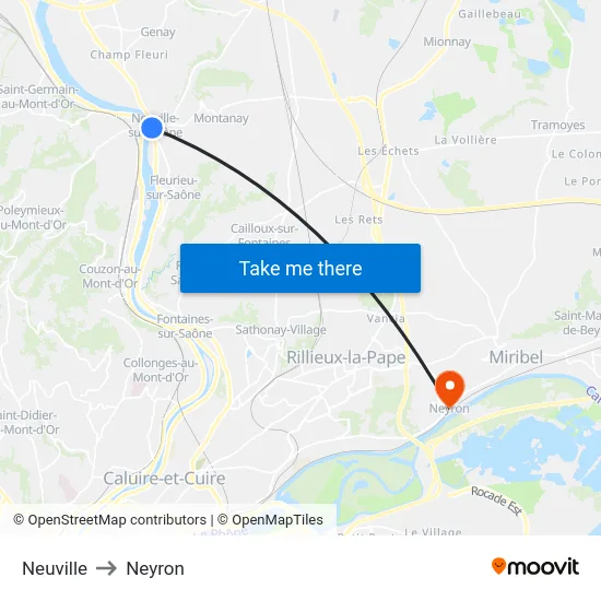 Neuville to Neyron map