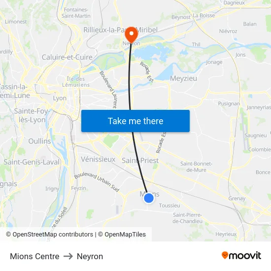 Mions Centre to Neyron map