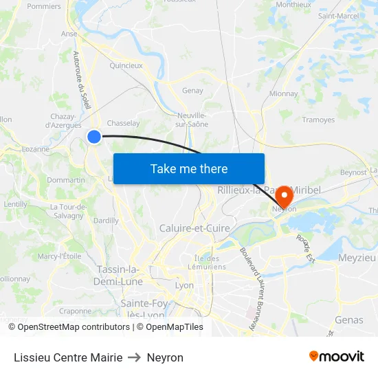 Lissieu Centre Mairie to Neyron map
