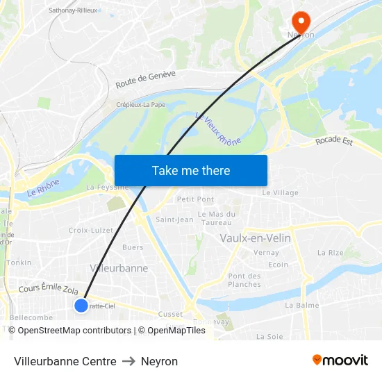 Villeurbanne Centre to Neyron map