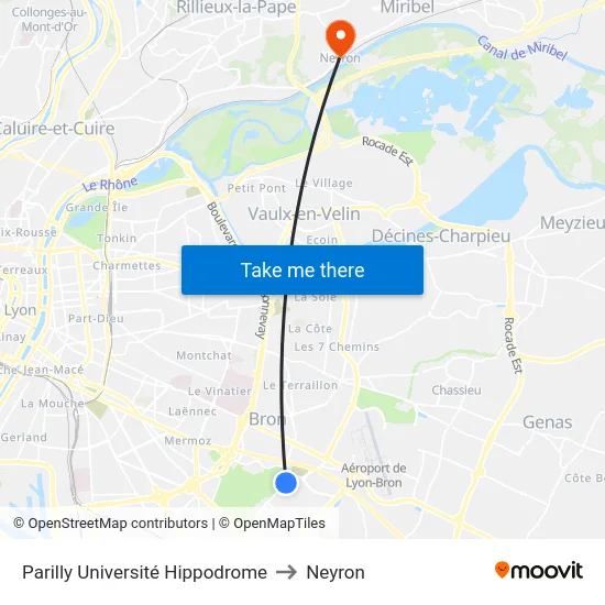 Parilly Université Hippodrome to Neyron map