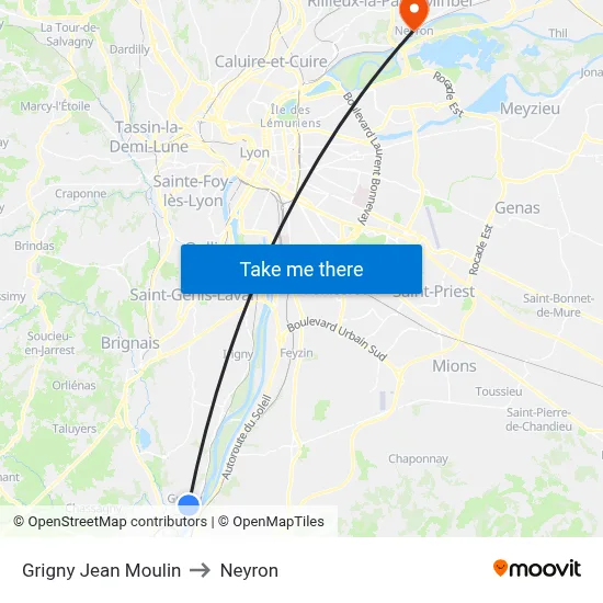 Grigny Jean Moulin to Neyron map