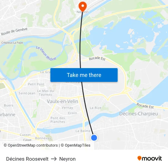 Décines Roosevelt to Neyron map